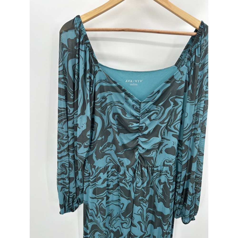 Ava‎ & Viv Womens 1X Blue Marbled Maxi Dress Ruched V Neck Long Sleeve Plus - Picture 4 of 11